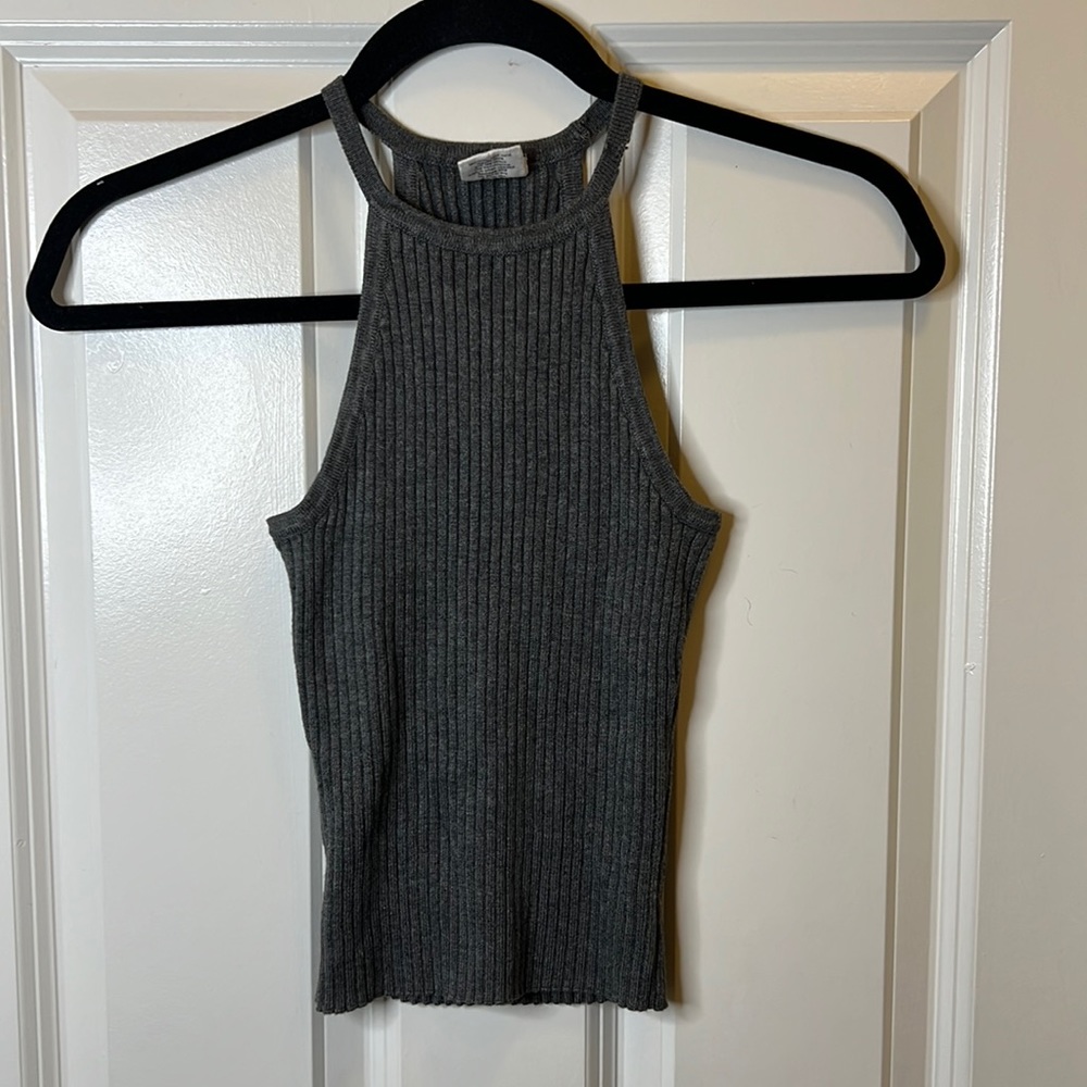 essentials by Full Tilt High Neck Tank Top | Ribbed | Color: Grey | Size : XS